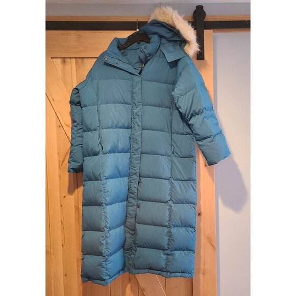 L.L. Bean Jackets & Blazers - L L Bean Long Goose Down Puffer Coat Women's Size XL Petite Blue Hooded Faux Fur